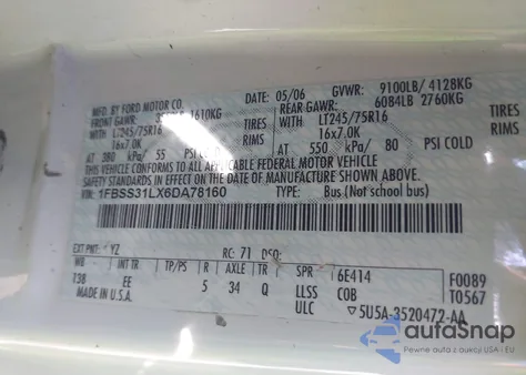 2006 Ford Econoline Xl/Xlt из США, поврежденный, VIN 1FBSS31LX6DA78160